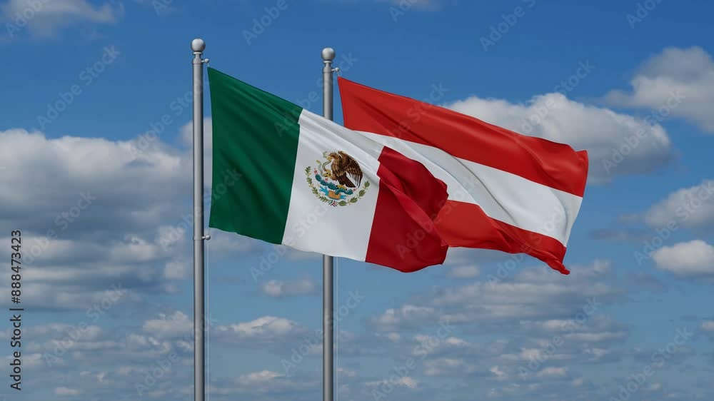 Austria and Mexico flags flying together, video concept of the relationship, two country relations concept Austria and Mexico flags flying together, video concept of the relationship, two country relations concept