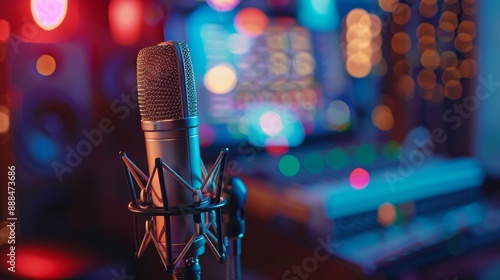 Radio station microphone in recording studio or broadcast room, working place of radio host, close up.  photo