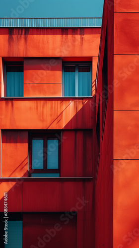 Red Modern Building Facade with Blue Windows