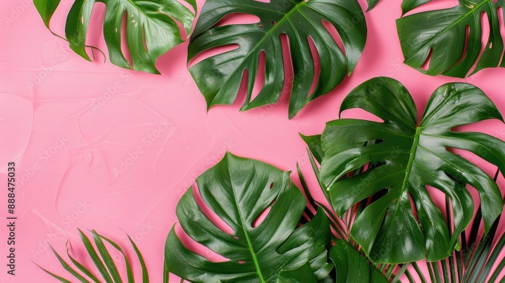 Obraz premium Monstera Leaves on Pink Background Top View in tropical Jungle Theme