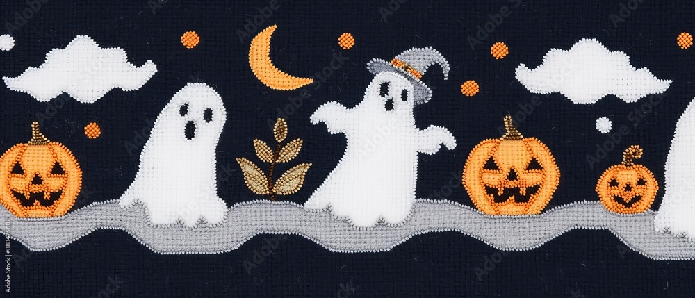Fototapeta premium Whimsical Halloween cross-stitch border with ghosts, witches, and pumpkins
