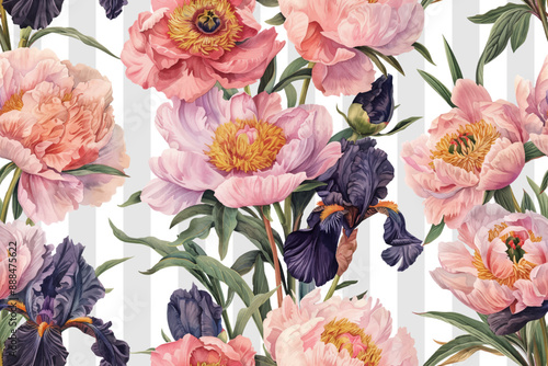 Seamless vector pattern with peony and iris flowers isolated on a changeable white background.	