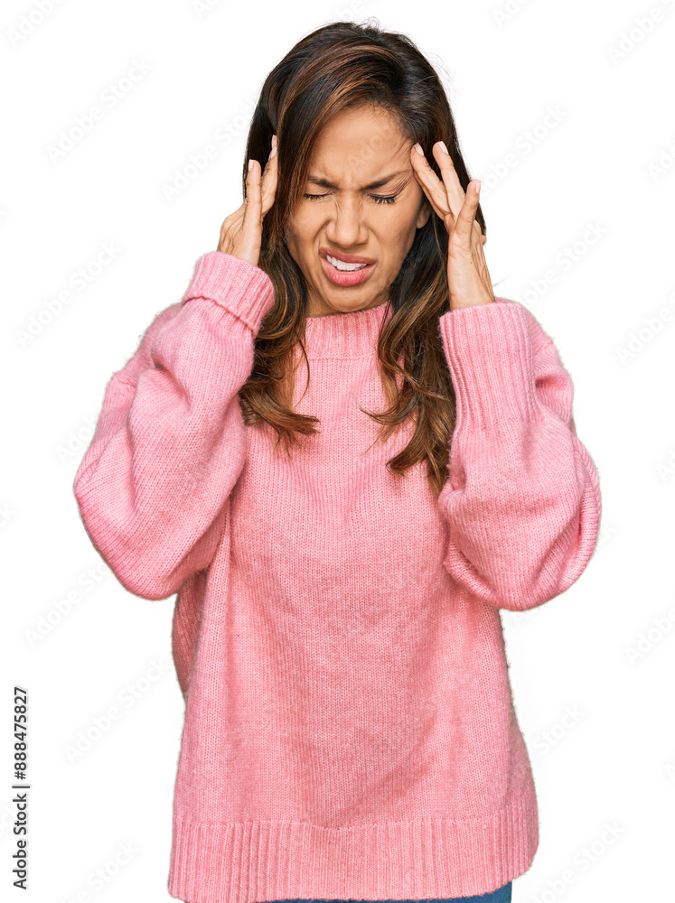 Young hispanic woman wearing casual clothes with hand on head, headache because stress. suffering migraine. Young hispanic woman wearing casual clothes with hand on head, headache because stress. suffering migraine.