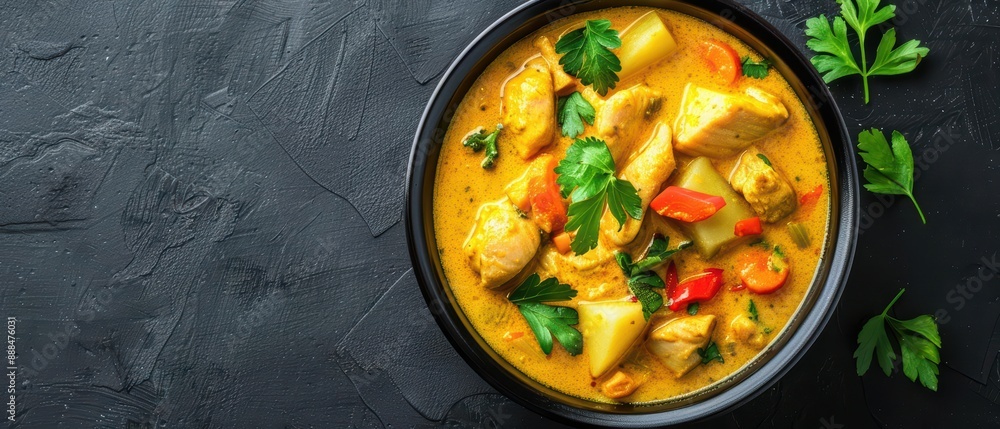Yellow Curry scattering, with potatoes, carrots, and a creamy, golden sauce creating a warm and hearty burst Yellow Curry scattering, with potatoes, carrots, and a creamy, golden sauce creating a warm and hearty burst