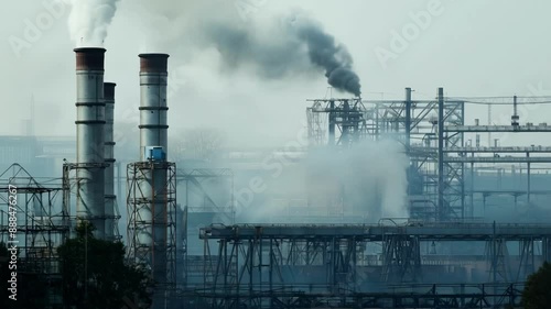 Smokestacks releasing plumes of steam as the factory churns out massproduced goods. photo