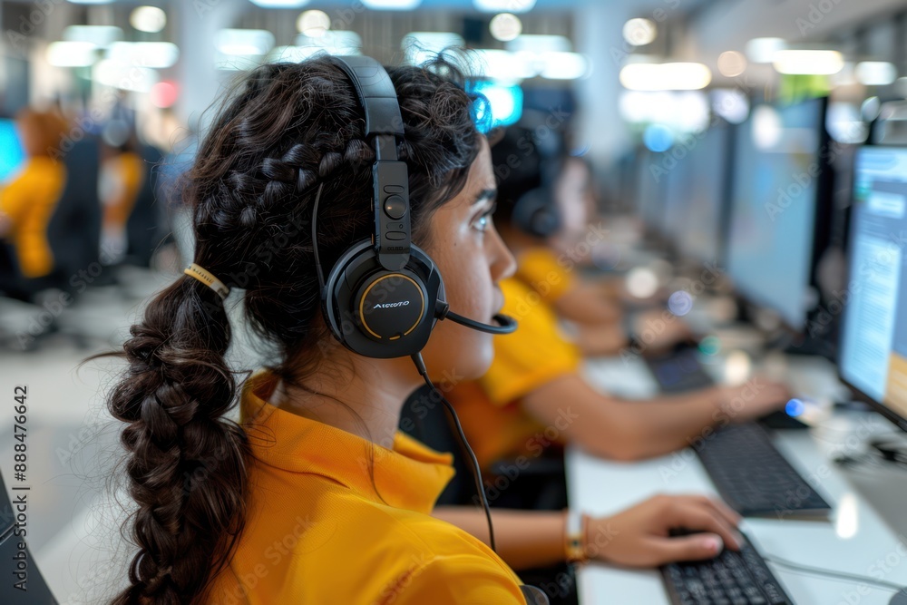 Smiling Call Center Agent with Headset and Desktop Computer Smiling Call Center Agent with Headset and Desktop Computer