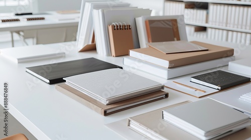 A workshop scene with various stages of bookbinding in progress, featuring manuscripts, binding materials, and paperback covers in a well-organized space