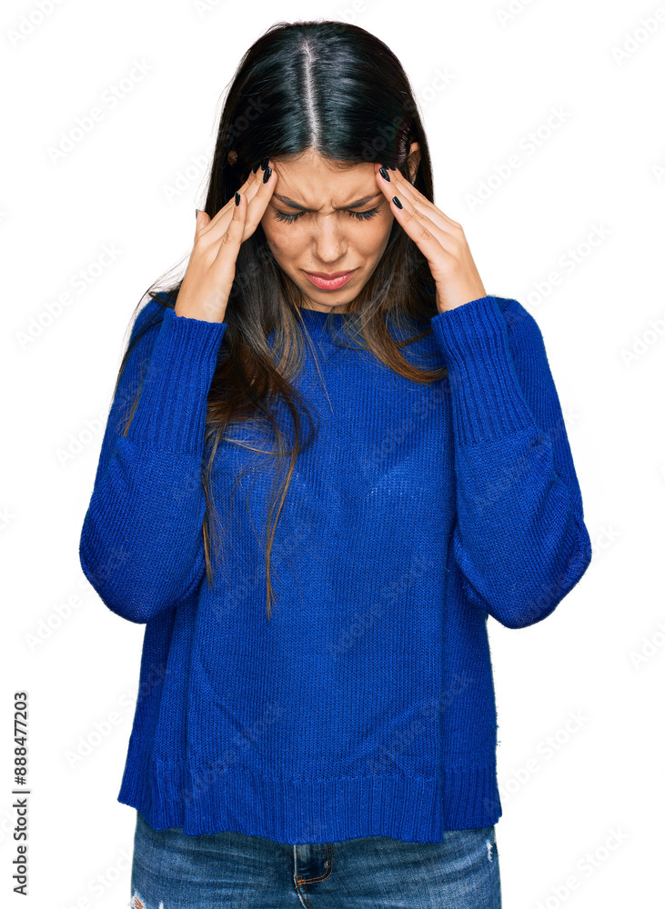 Young hispanic woman wearing casual clothes with hand on head for pain in head because stress. suffering migraine. Young hispanic woman wearing casual clothes with hand on head for pain in head because stress. suffering migraine.