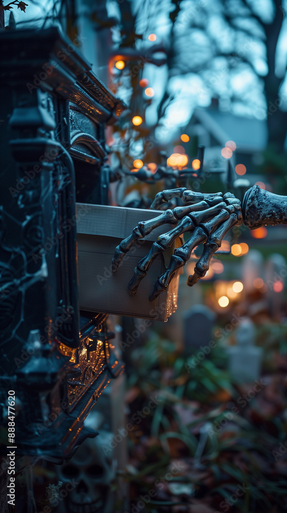 hand of a skeleton holding an e-commerce package with offers and discounts for online halloween shopping