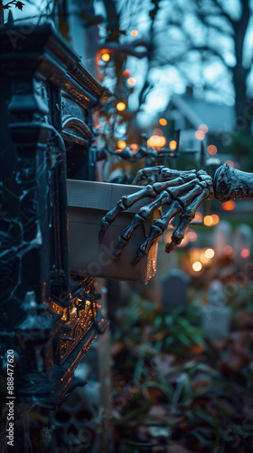 Obraz na płótnie hand of a skeleton holding an e-commerce package with offers and discounts for online halloween shopping w salonie