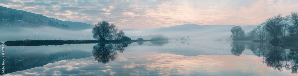 Misty Morning Reflection on a Calm Lake Misty Morning Reflection on a Calm Lake