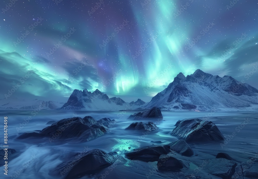Naklejka premium Northern Lights Dance Above Snowy Mountains