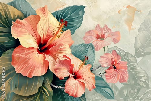 Wallpaper Mural Hawaiian Floral Design, Elegant Warm Tones of Orange, Red, and Beige Torontodigital.ca