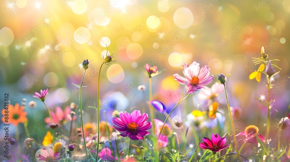 Colorful flower meadow with sunbeams and bokeh lights Colorful flower meadow with sunbeams and bokeh lights