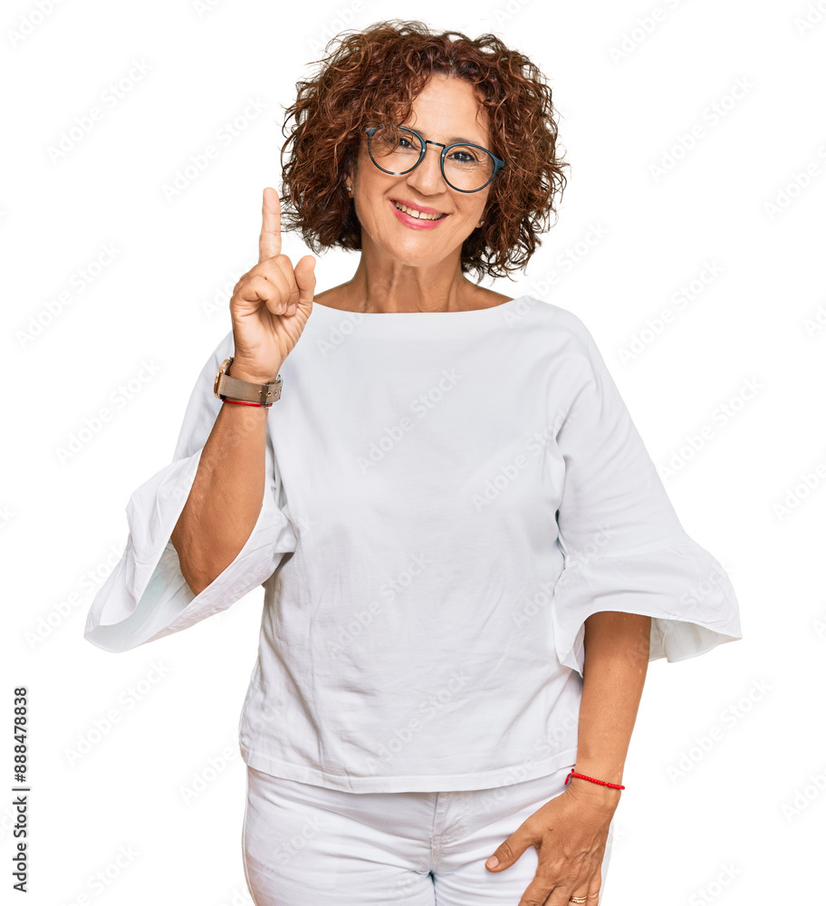 Φωτογραφία Beautiful middle age mature woman wearing casual clothes and glasses showing and pointing up with finger number one while smiling confident and happy