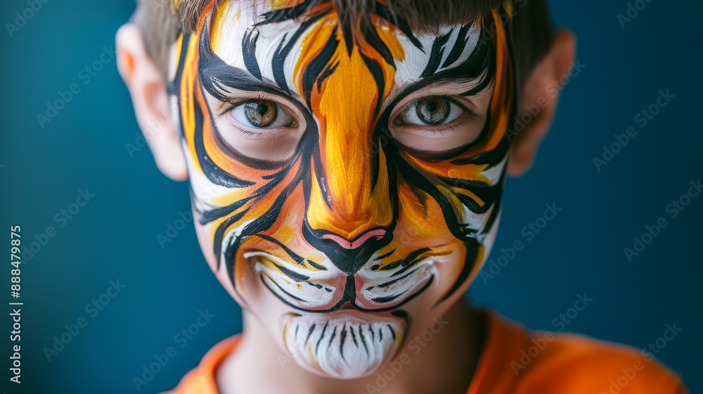 Fototapeta premium Young boy posing with a tiger face paint for carnival