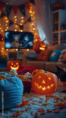 halloween movie on TV in a living room decorated with pumpkins popcorn