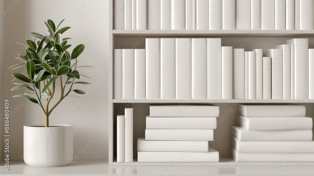 An organized bookshelf filled with hardcover books, all with beautifully designed dust covers, in a stylish home office setting An organized bookshelf filled with hardcover books, all with beautifully designed dust covers, in a stylish home office setting