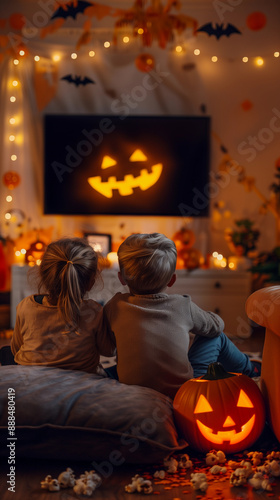 Obraz na płótnie children in a family watching a halloween movie on TV in a living room decorated with pumpkins w salonie
