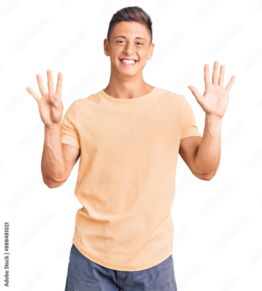 Young handsome man wearing casual clothes showing and pointing up with fingers number nine while smiling confident and happy. Young handsome man wearing casual clothes showing and pointing up with fingers number nine while smiling confident and happy.