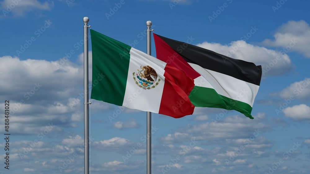 Palestine and Gaza Strip and Mexico two flags waving together on blue sky, looped video Palestine and Gaza Strip and Mexico two flags waving together on blue sky, looped video