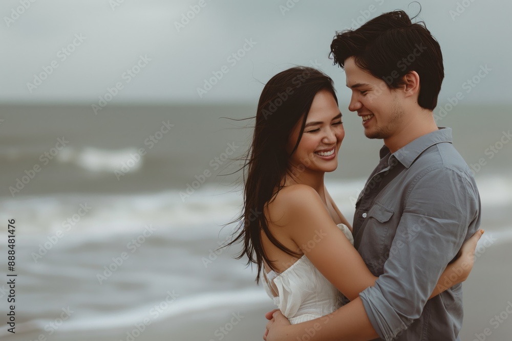 Romantic couple embracing on a beach, serene seashore love concept Romantic couple embracing on a beach, serene seashore love concept