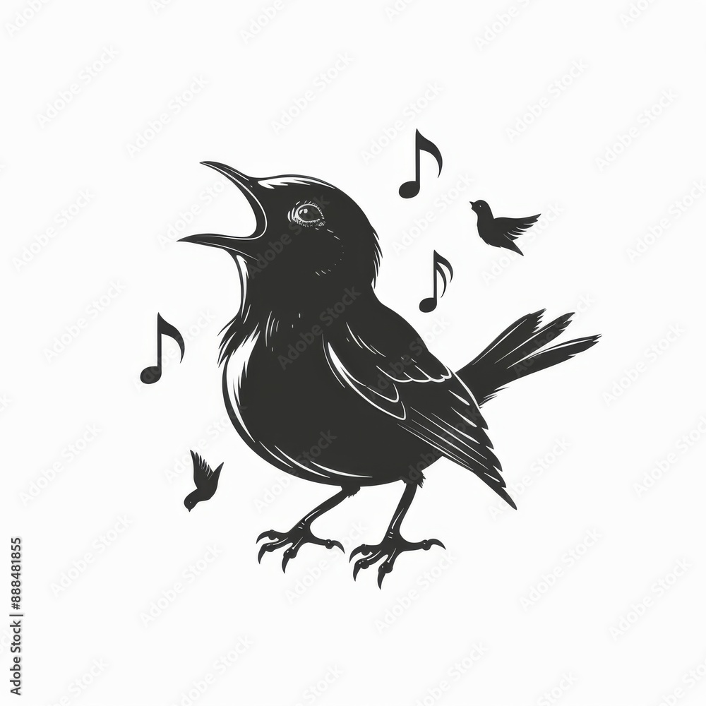 Fototapeta premium Illustrated Singing Bird Perched on Branch with Falling Leaves and Music Note.