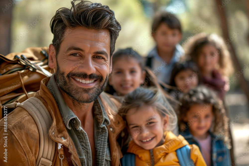 Fototapeta premium A cheerful man with salt-and-pepper hair and a rugged jacket leads a group of happy children on a nature hike