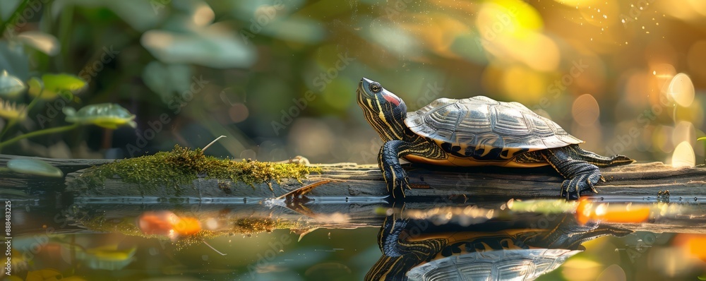 Fototapeta premium A close-up of a turtle sunbathing on a log in a pond.