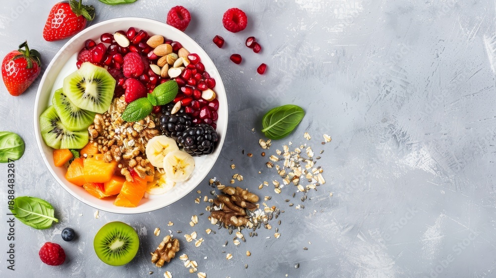 Top view of a vibrant, balanced breakfast bowl filled with colorful fruits, nuts, and seeds, radiating health and vitality Top view of a vibrant, balanced breakfast bowl filled with colorful fruits, nuts, and seeds, radiating health and vitality