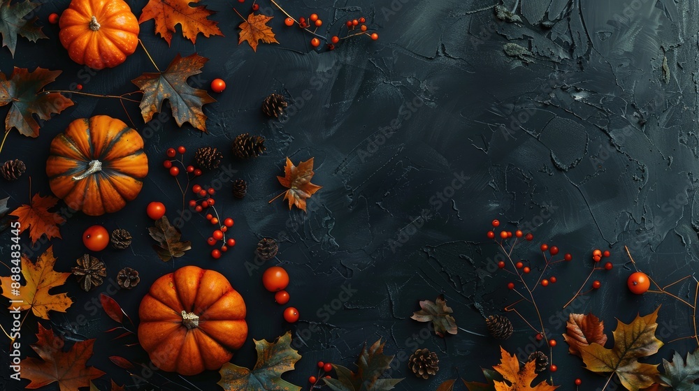Fall pumpkins and leaves on dark backdrop with space for text Festive and welcoming design Fall pumpkins and leaves on dark backdrop with space for text Festive and welcoming design