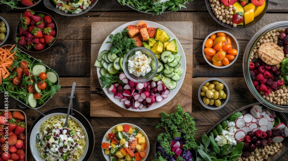 Top view of a vibrant plant-based feast, featuring a variety of colorful salads, roasted vegetables, and fresh fruit platters arranged artfully on a wooden table Top view of a vibrant plant-based feast, featuring a variety of colorful salads, roasted vegetables, and fresh fruit platters arranged artfully on a wooden table