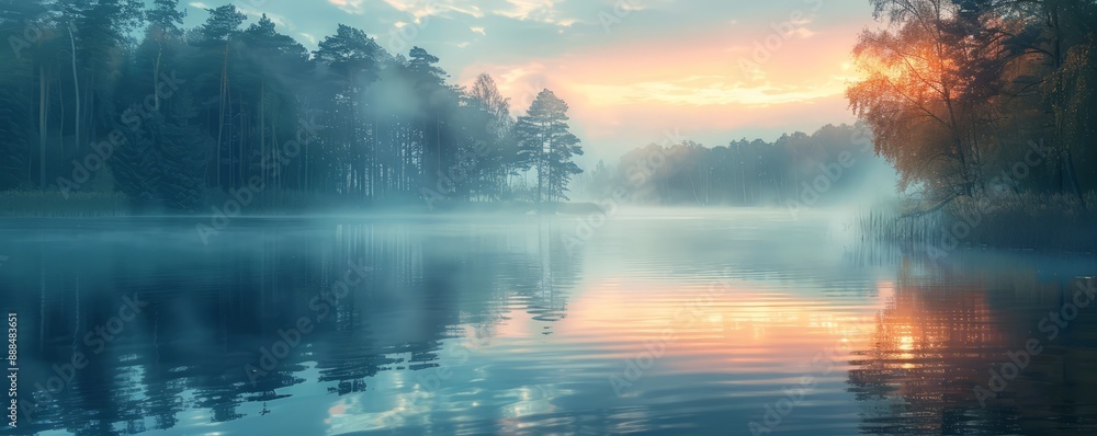 A tranquil lake with mist at dawn. A tranquil lake with mist at dawn.