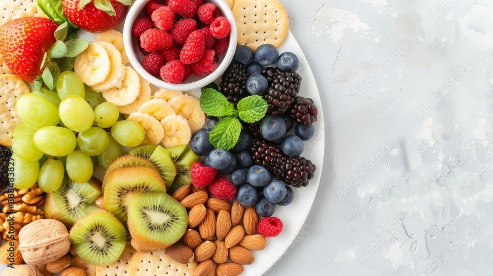 Top view of a wholesome snack platter with an assortment of fresh fruits, nuts, and whole grain crackers, showcasing a nutritious and balanced option Top view of a wholesome snack platter with an assortment of fresh fruits, nuts, and whole grain crackers, showcasing a nutritious and balanced option