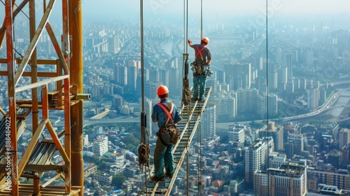 A brave ironworker is perched high above the city, engaging in skilled labor on a steel beam