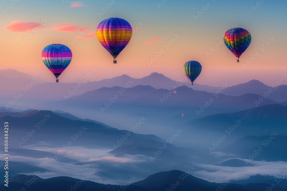 Hot Air Balloons Soaring Over Misty Mountain Ranges Hot Air Balloons Soaring Over Misty Mountain Ranges