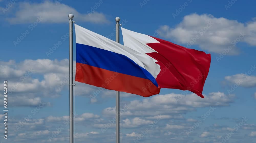 Bahrain and Russia flags flying together, video concept of the relationship, two country relations concept Bahrain and Russia flags flying together, video concept of the relationship, two country relations concept