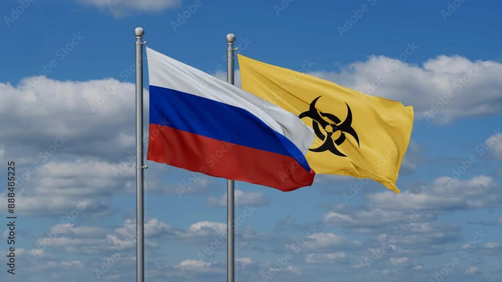 Russia and Biological hazard flags waving together on looped video, toxic hazard and pollution warning concept Russia and Biological hazard flags waving together on looped video, toxic hazard and pollution warning concept