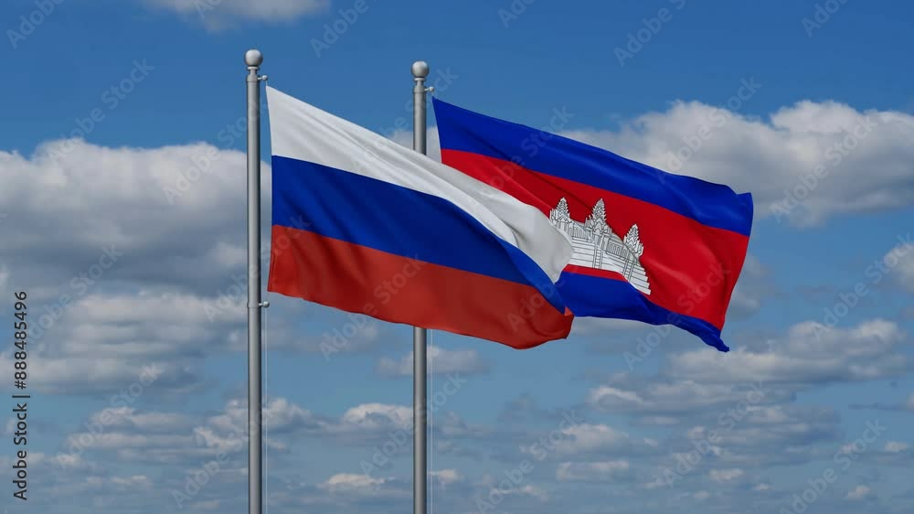 Cambodia and Russia flags flying together, video concept of the relationship, two country relations concept Cambodia and Russia flags flying together, video concept of the relationship, two country relations concept