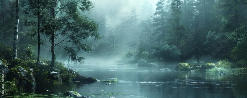 A tranquil river winding through a dense, misty forest. A tranquil river winding through a dense, misty forest.