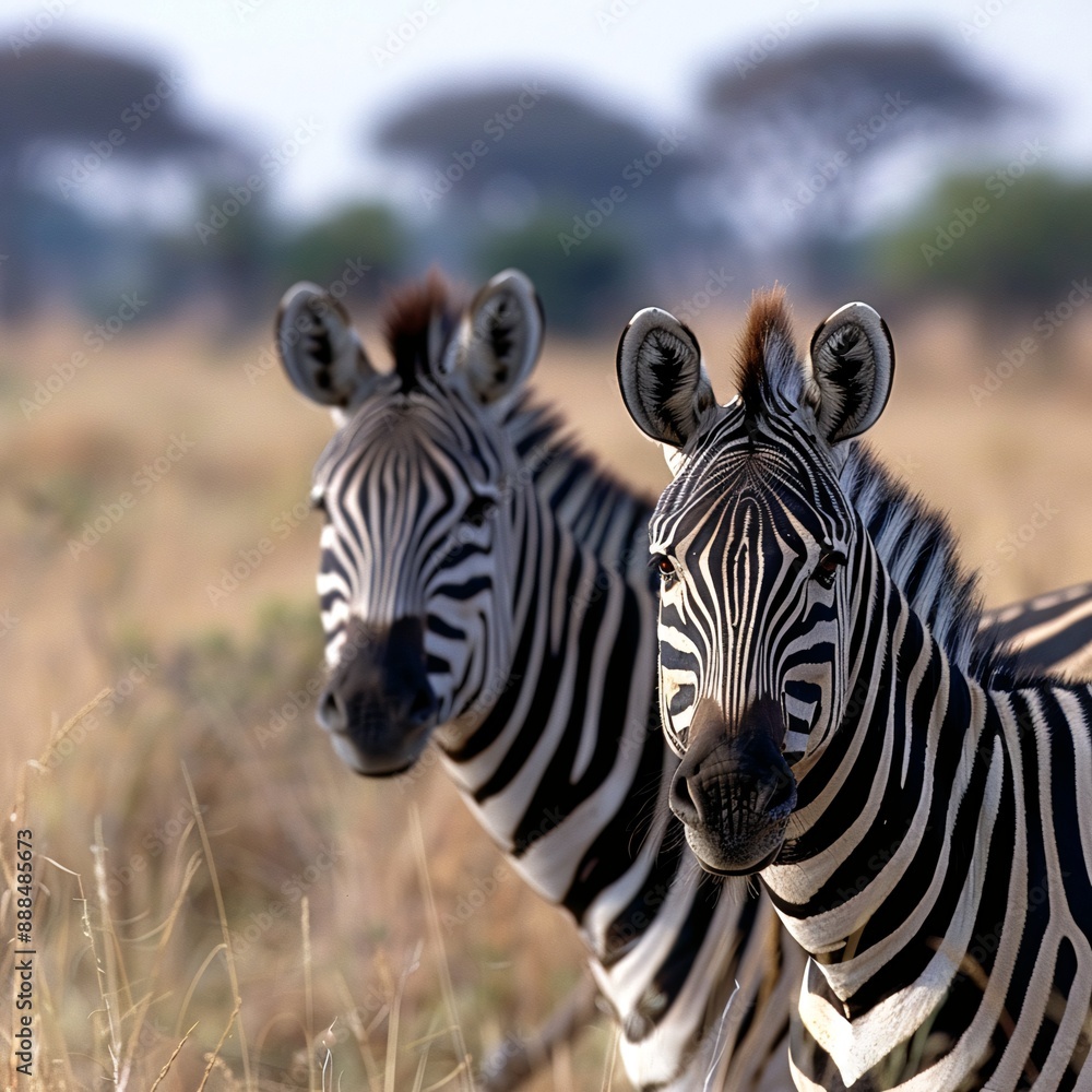 Fototapeta premium Two Zebras Grazing Together in the African Savanna on a Sunny Day