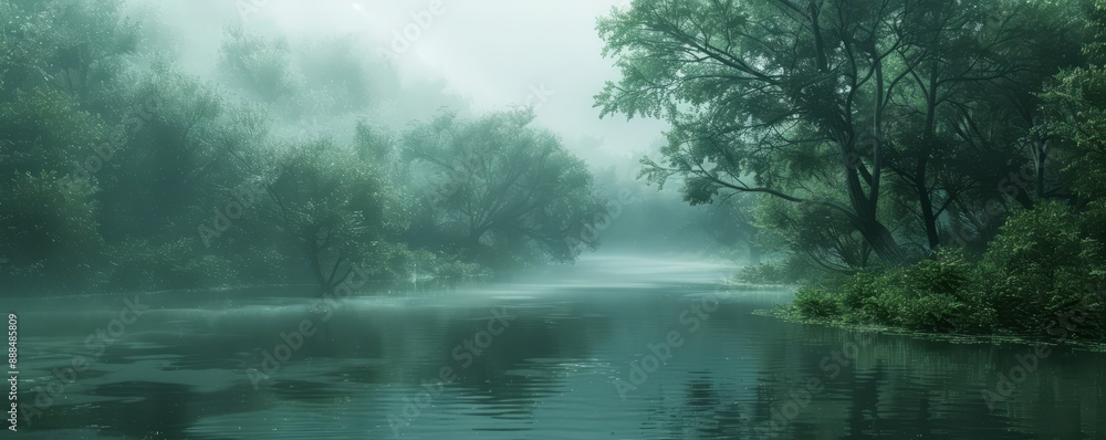 A tranquil river bending through a misty forest. A tranquil river bending through a misty forest.