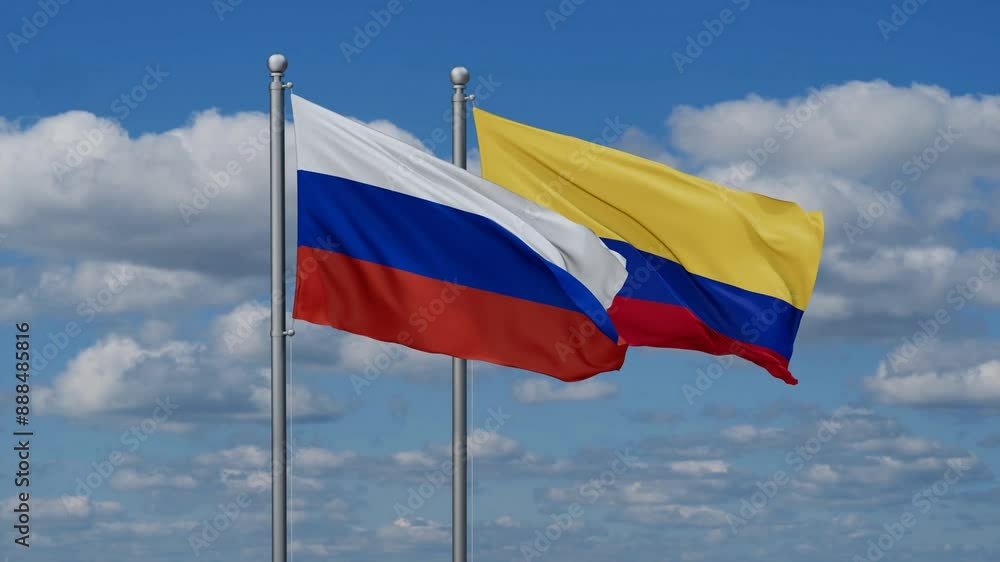 Colombia and Russia flags flying together, video concept of the relationship, two country cooperation concept Colombia and Russia flags flying together, video concept of the relationship, two country cooperation concept