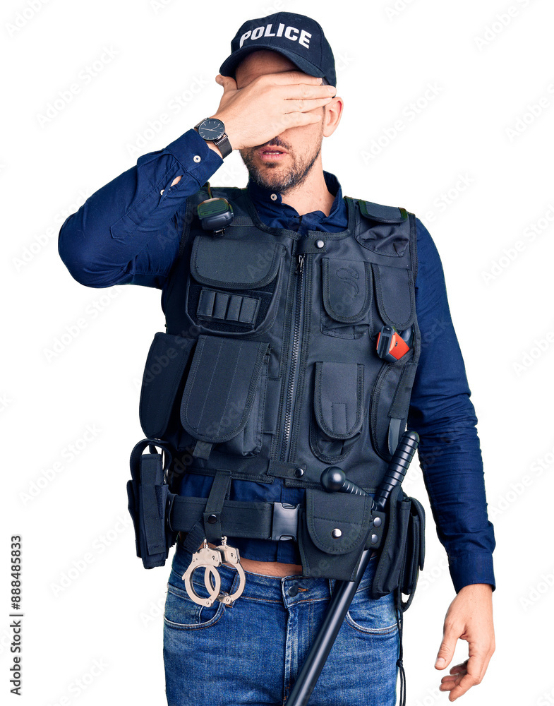 Young handsome man wearing police uniform covering eyes with hand, looking serious and sad. sightless, hiding and rejection concept Young handsome man wearing police uniform covering eyes with hand, looking serious and sad. sightless, hiding and rejection concept