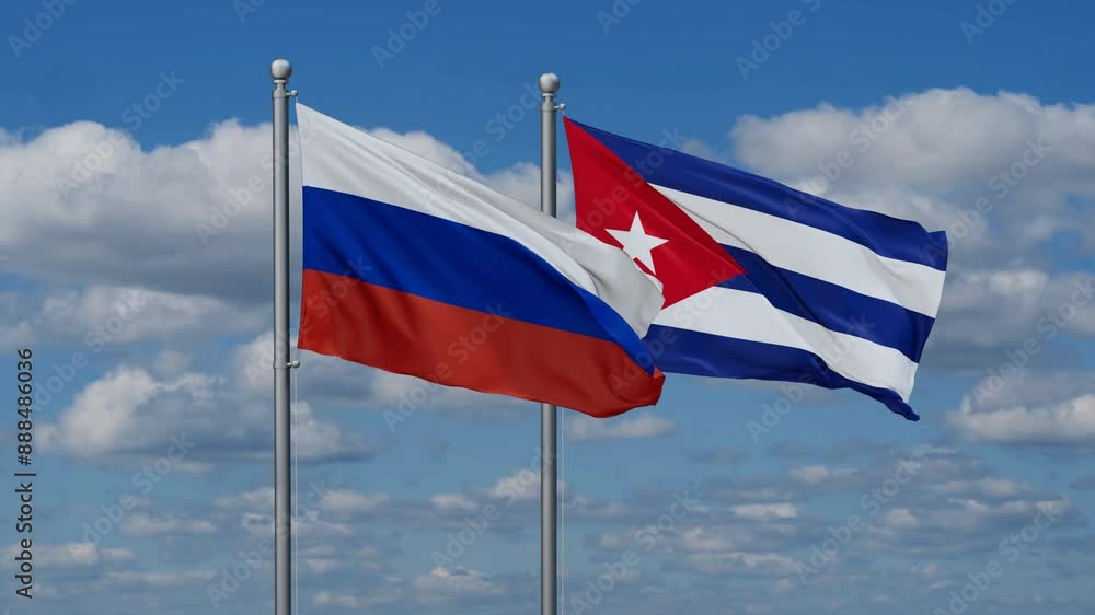 Cuba and Russia flags flying together, video concept of the relationship, two country cooperation concept Cuba and Russia flags flying together, video concept of the relationship, two country cooperation concept