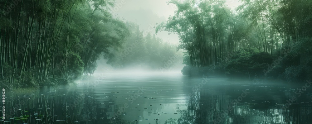 A misty morning in a tranquil bamboo grove. A misty morning in a tranquil bamboo grove.