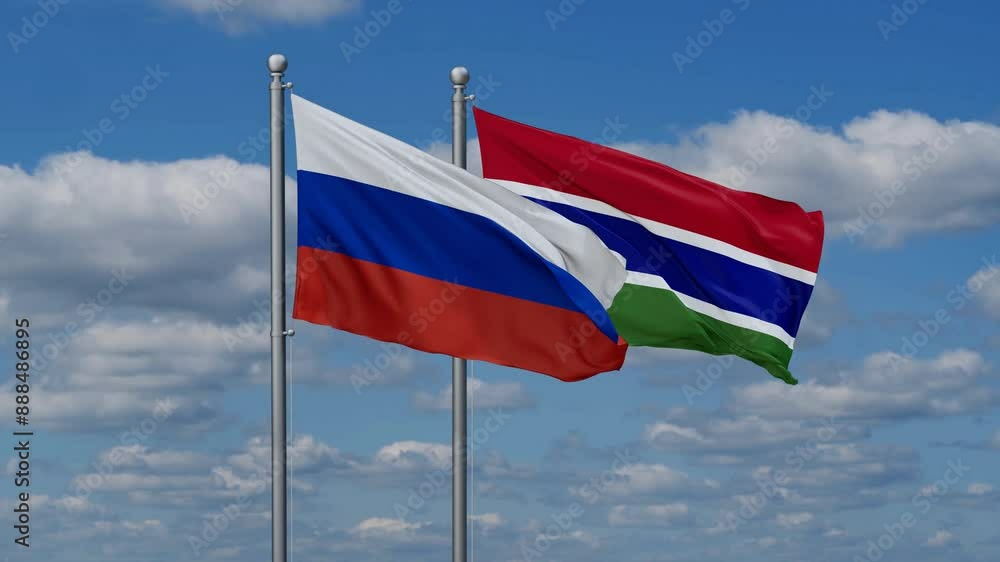 Gambia and Russia flags flying together, video concept of the relationship, two country relations concept Gambia and Russia flags flying together, video concept of the relationship, two country relations concept