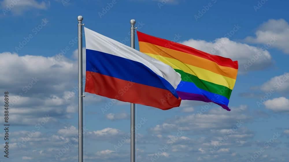 LGBT movement flag also Gay Pride and Russia two flags waving cycle looped video, tolerance conception in country LGBT movement flag also Gay Pride and Russia two flags waving cycle looped video, tolerance conception in country