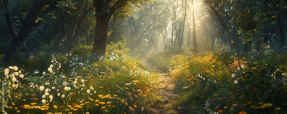 Obraz premium A sunlit forest path with wildflowers.