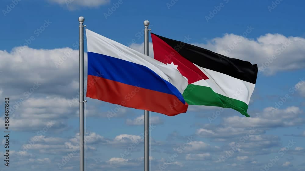 Jordan and Russia flags flying together, video concept of the relationship, two country relations concept Jordan and Russia flags flying together, video concept of the relationship, two country relations concept